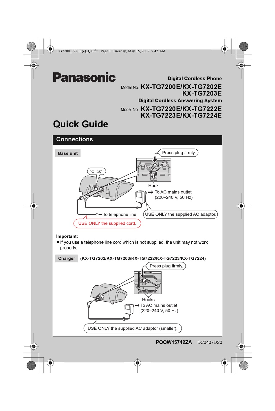 PANASONIC KX-TG7200E QUICK MANUAL Pdf Download | ManualsLib