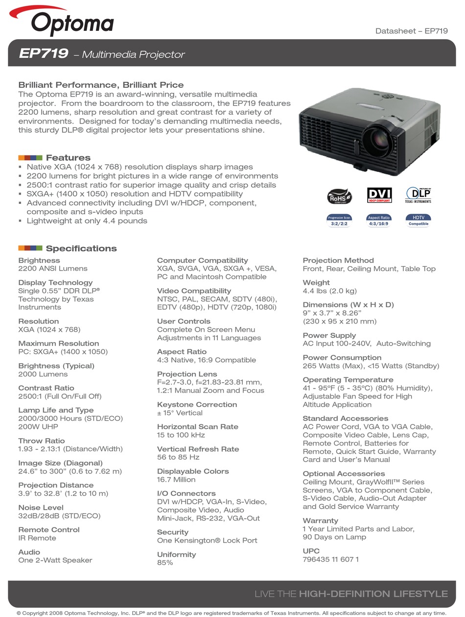 Optoma EP719 DLP Projector Specs