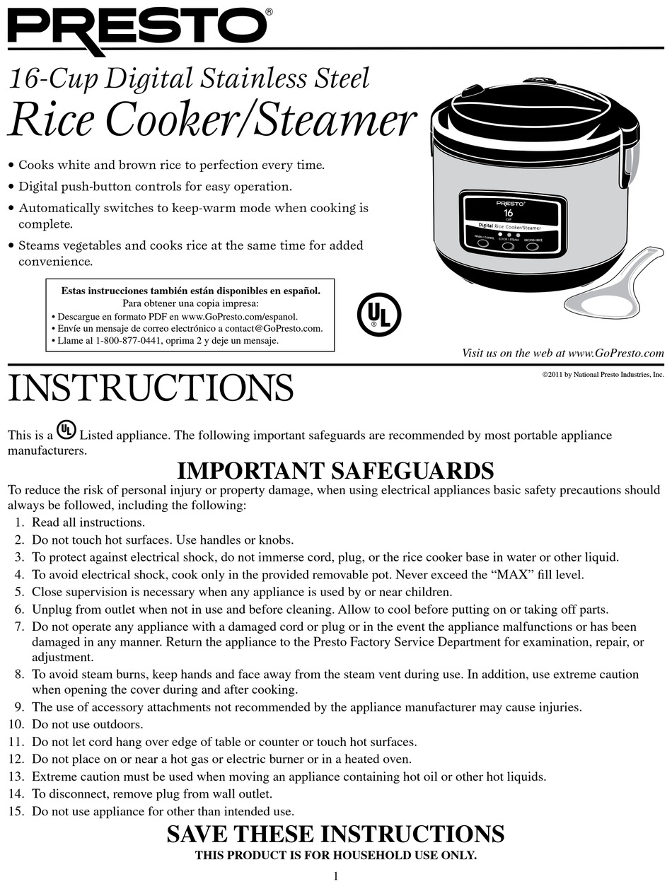 PRESTO RICE COOKER/STEAMER INSTRUCTIONS MANUAL Pdf Download | ManualsLib