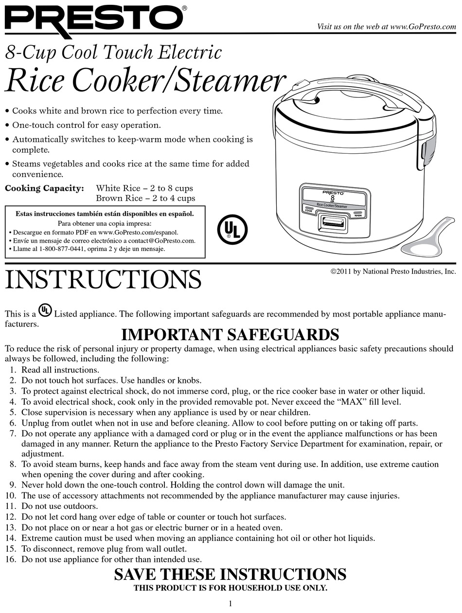 PRESTO 8-CUP COOL TOUCH ELECTRIC RICE COOKER/STEAMER INSTRUCTIONS ...