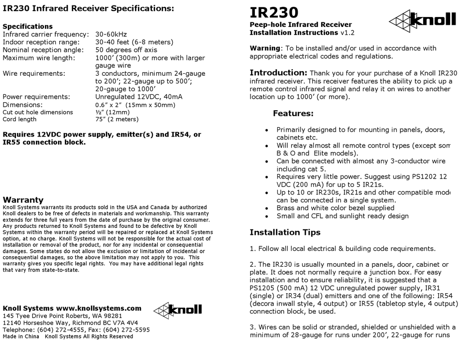 KNOLL IR230 INSTALLATION INSTRUCTIONS Pdf Download ManualsLib