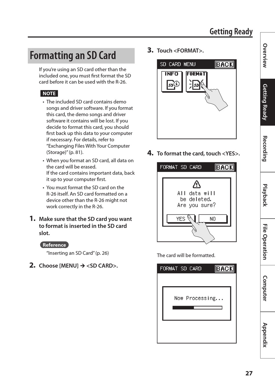 Formatting An Sd Card - Roland R-26 Owner's Manual [Page 27] | ManualsLib