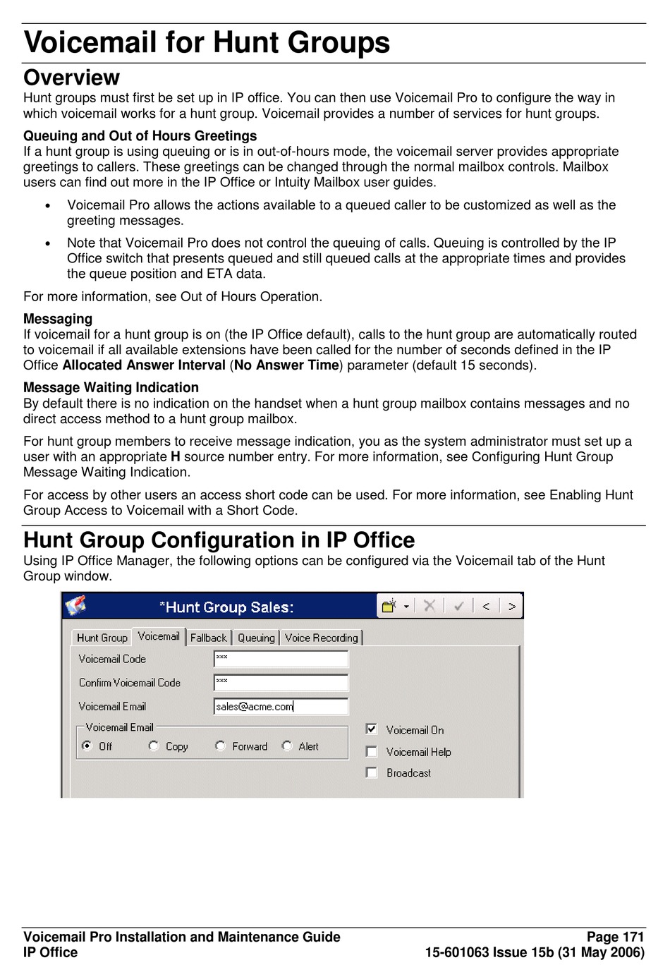 Voicemail For Hunt Groups; Overview; Hunt Group Configuration In Ip Office  - Avaya IP Office Voicemail Pro Installation And Maintenance Manual [Page  171] | ManualsLib