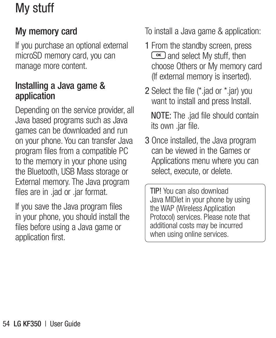 My Memory Card; Installing A Java Game & Application - LG KF350 User Manual  [Page 56] | ManualsLib