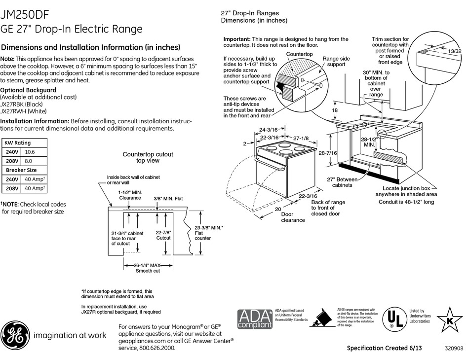 GE APPLIANCES JM250DTBB 27 Inch Drop-In Electric Range Instruction Manual