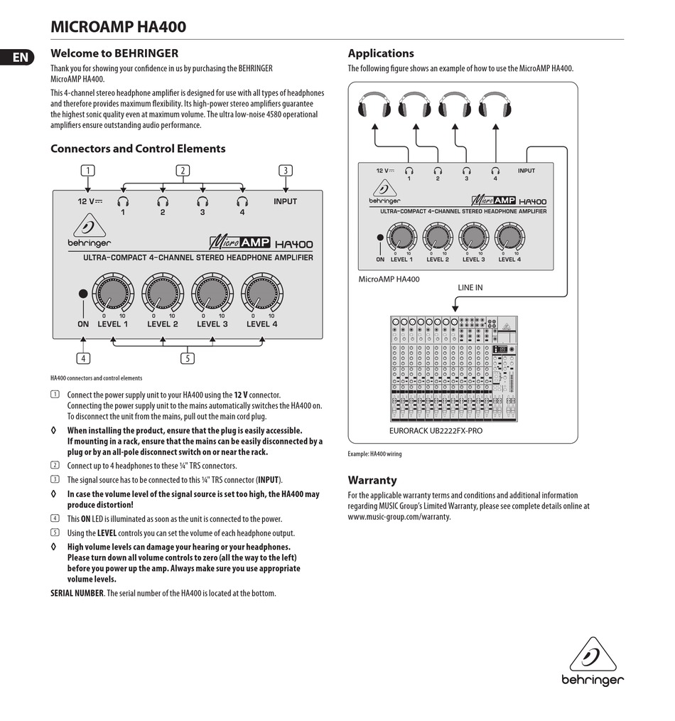 BEHRINGER MICROAMP HA400 MANUAL Pdf Download ManualsLib
