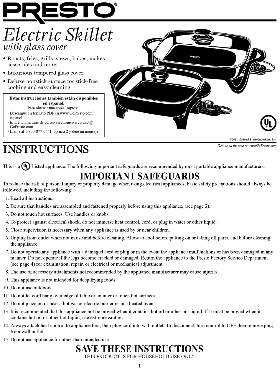 PRESTO ELECTRIC SKILLET INSTRUCTIONS Pdf Download ManualsLib