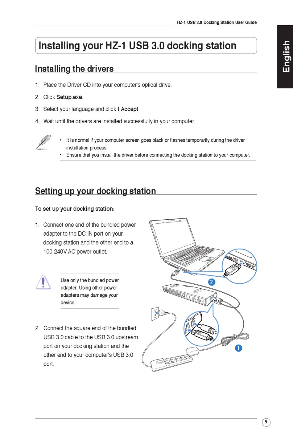 Installing The Drivers; Setting Up Docking Station - Asus HZ-1 User Manual [Page 9] | ManualsLib