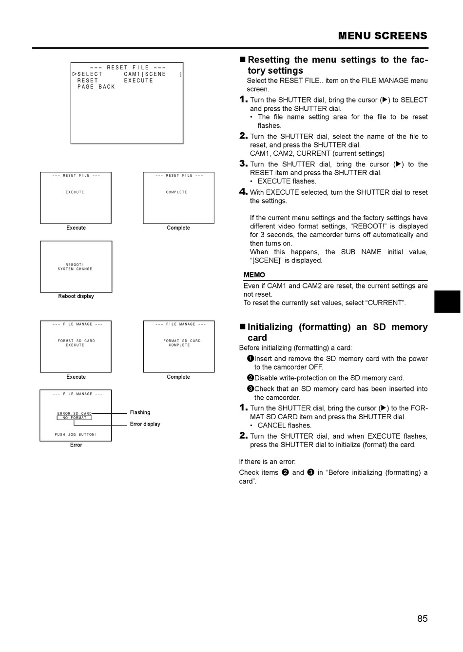 Resetting The Menu Settings To The Factory Settings; Initializing  (Formatting) An Sd Memory Card - JVC GY-HD110 Instructions Manual [Page 89]  | ManualsLib