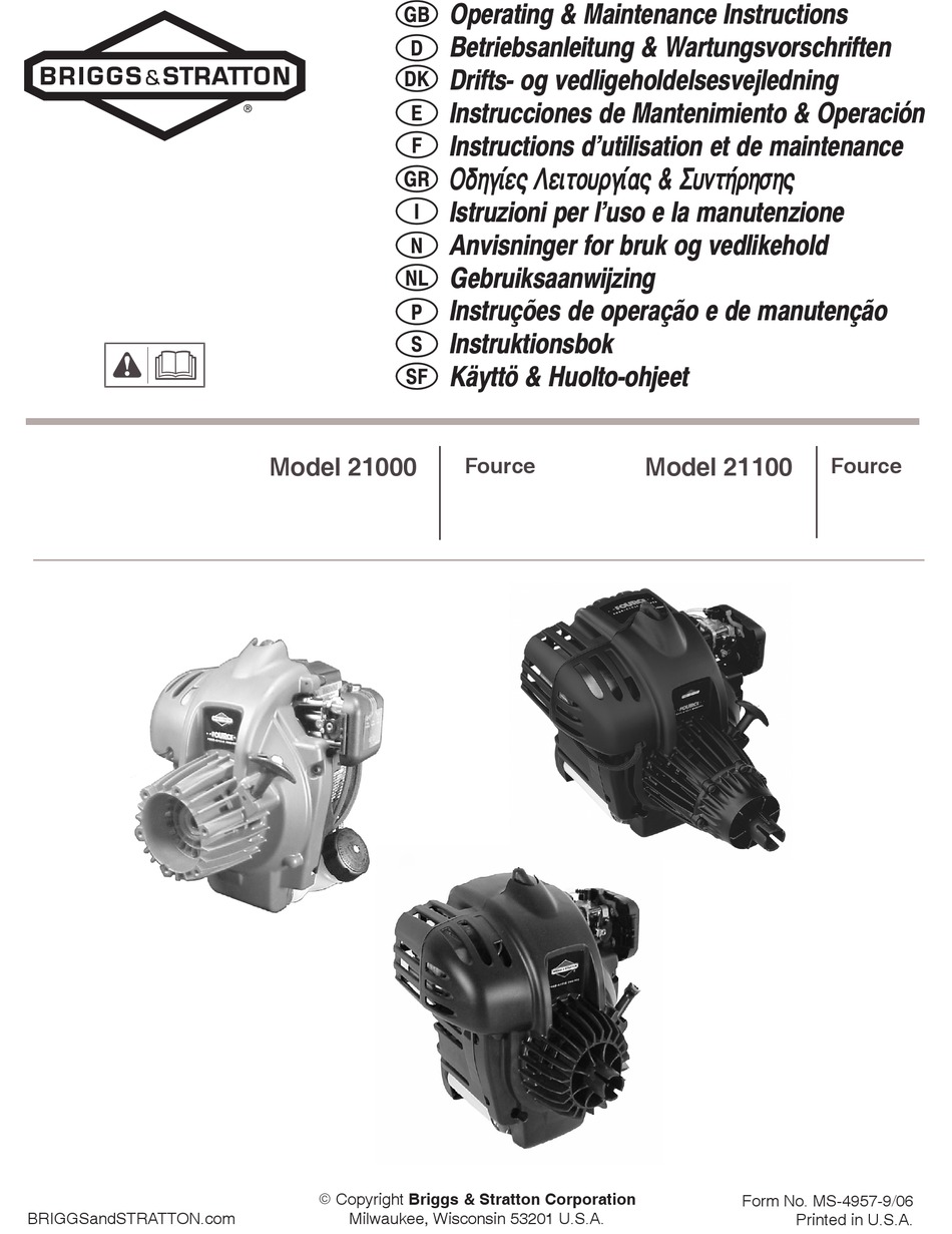 BRIGGS & STRATTON 21000 OPERATING & MAINTENANCE INSTRUCTIONS Pdf ...