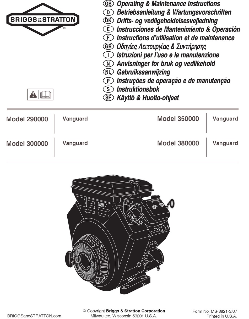 BRIGGS & STRATTON VANGUARD 290000 OPERATING & MAINTENANCE INSTRUCTIONS ...