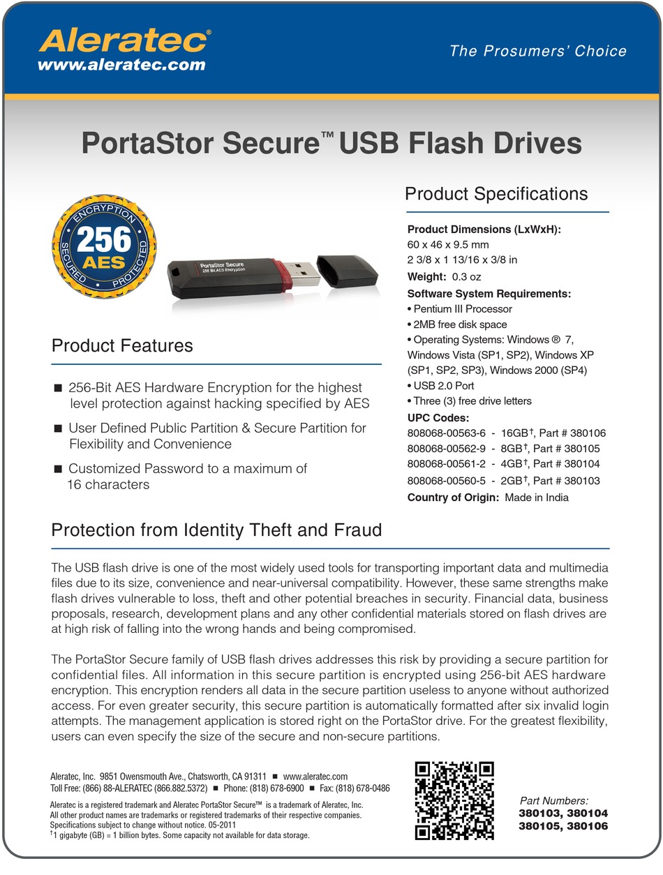 ALERATEC PORTASTOR SECURE PRODUCT SPECIFICATIONS Pdf Download | ManualsLib