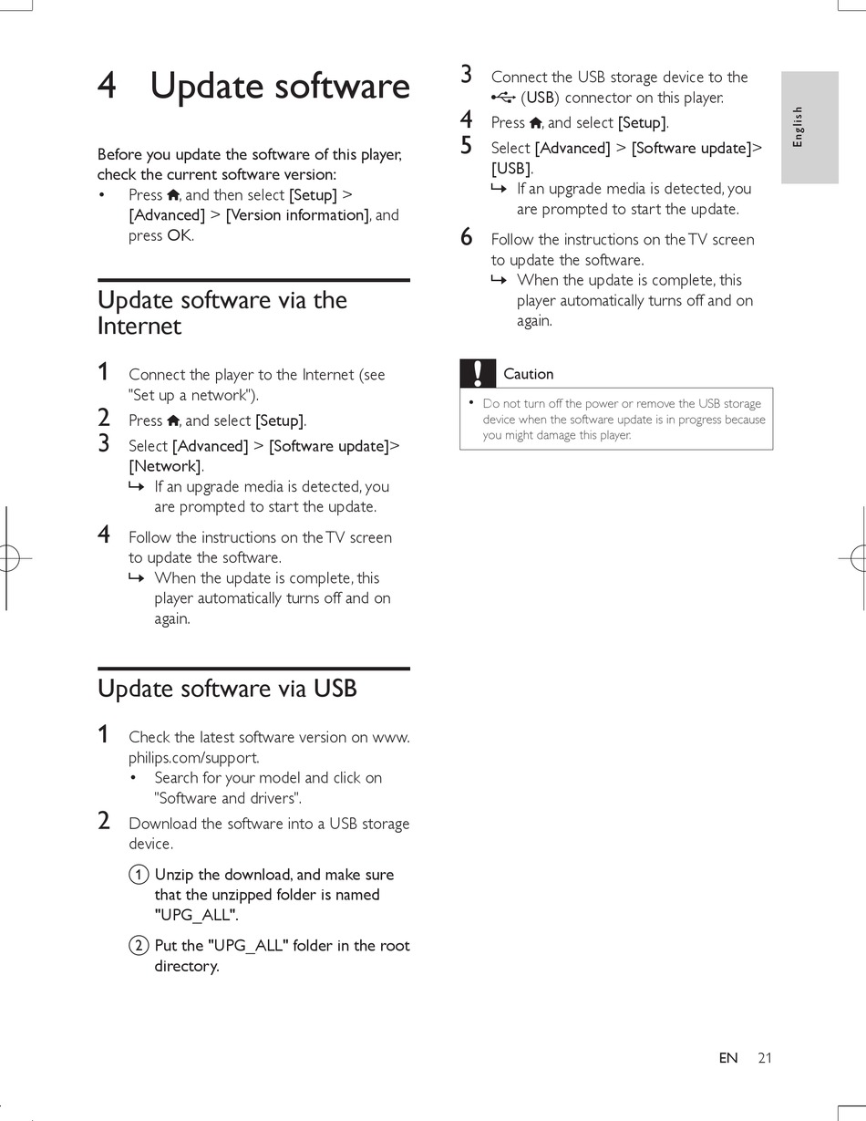 Update Software; Update Software Via The Internet; Update Software Via Usb - Philips BDP5500 User Manual [Page 21] |