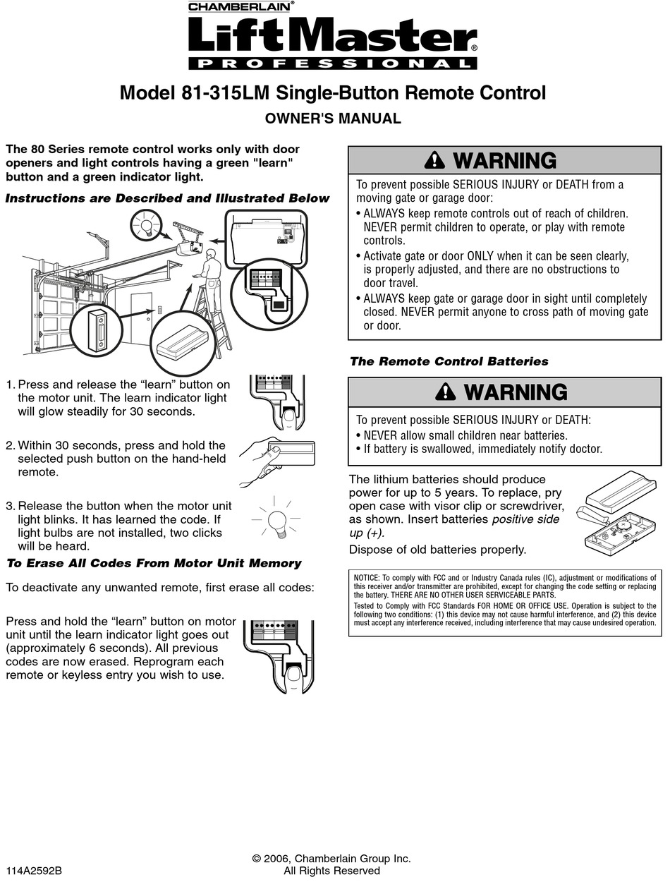 CHAMBERLAIN LIFTMASTER PROFESSIONAL 81315LM OWNER
