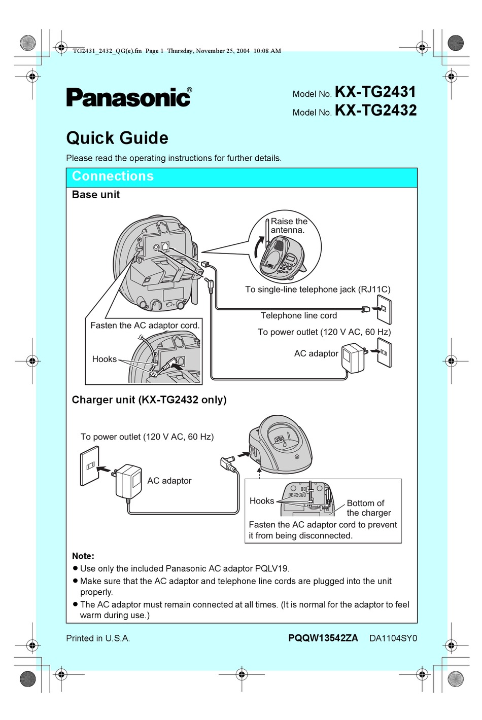 PANASONIC KX-TG2431 QUICK MANUAL Pdf Download | ManualsLib