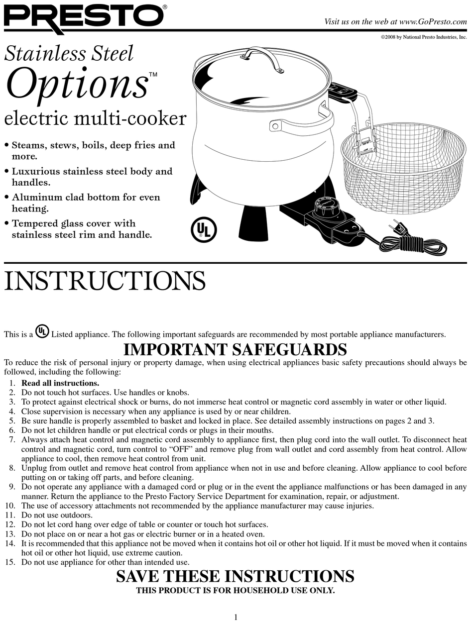 PRESTO OPTIONS ELECTRIC MULTI COOKER INSTRUCTIONS MANUAL Pdf Download   1 Stainless Steel Important Safeguards Options Electric Multi Cooker 