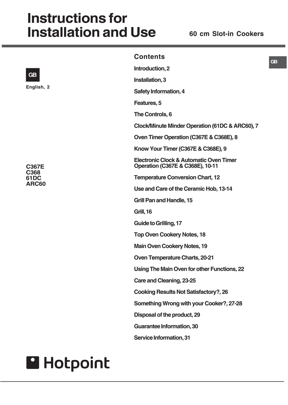 HOTPOINT C367E INSTRUCTIONS FOR INSTALLATION AND USE MANUAL Pdf ...