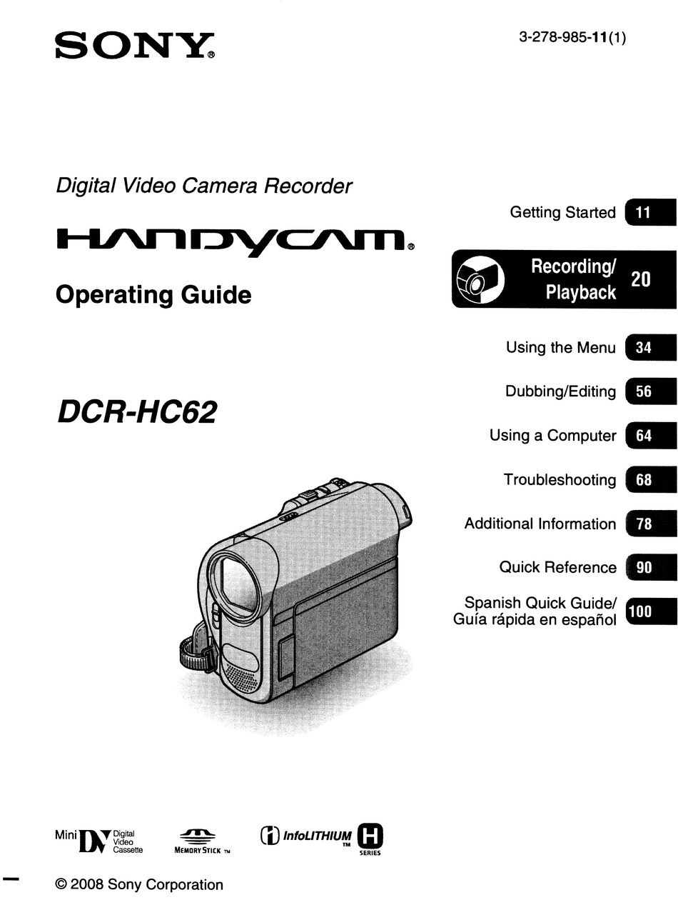 SONY HANDYCAM DCR-HC62 OPERATING MANUAL Pdf Download | ManualsLib