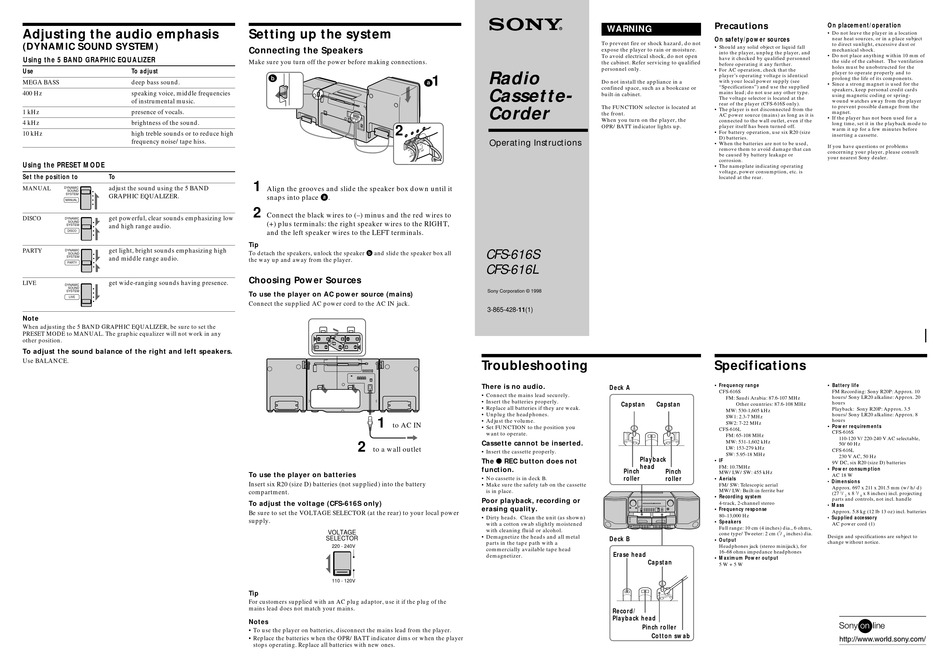 SONY CFS-616S OPERATING INSTRUCTIONS Pdf Download | ManualsLib