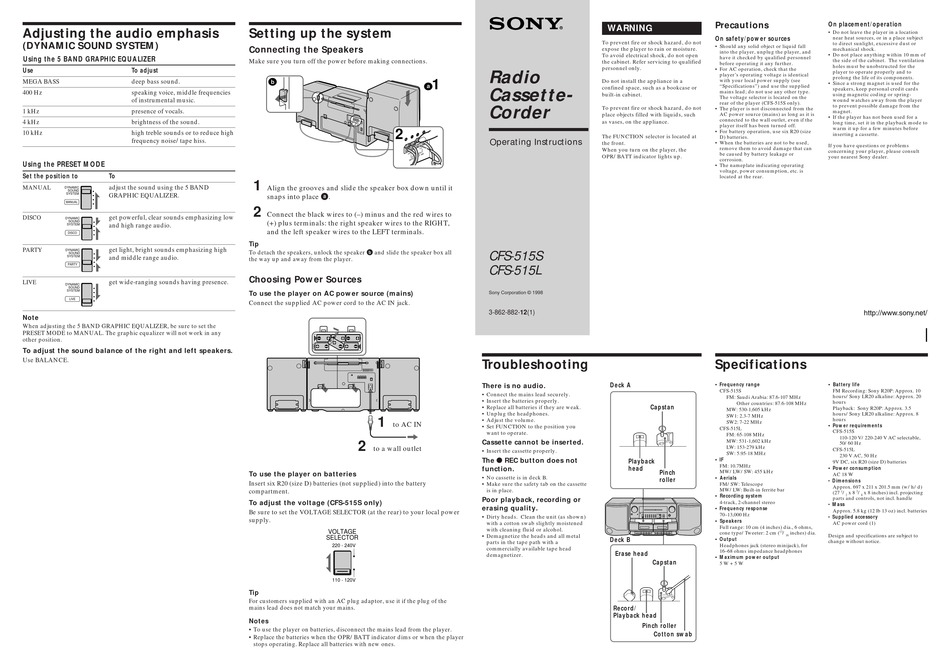SONY CFS-515S OPERATING INSTRUCTIONS Pdf Download | ManualsLib