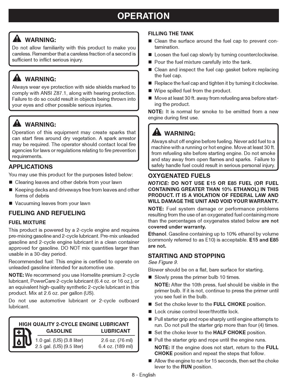 Operation - Ryobi RY09055 Operator's 