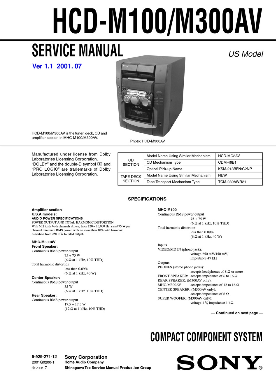 SONY HCD-M100 SERVICE MANUAL Pdf Download | ManualsLib