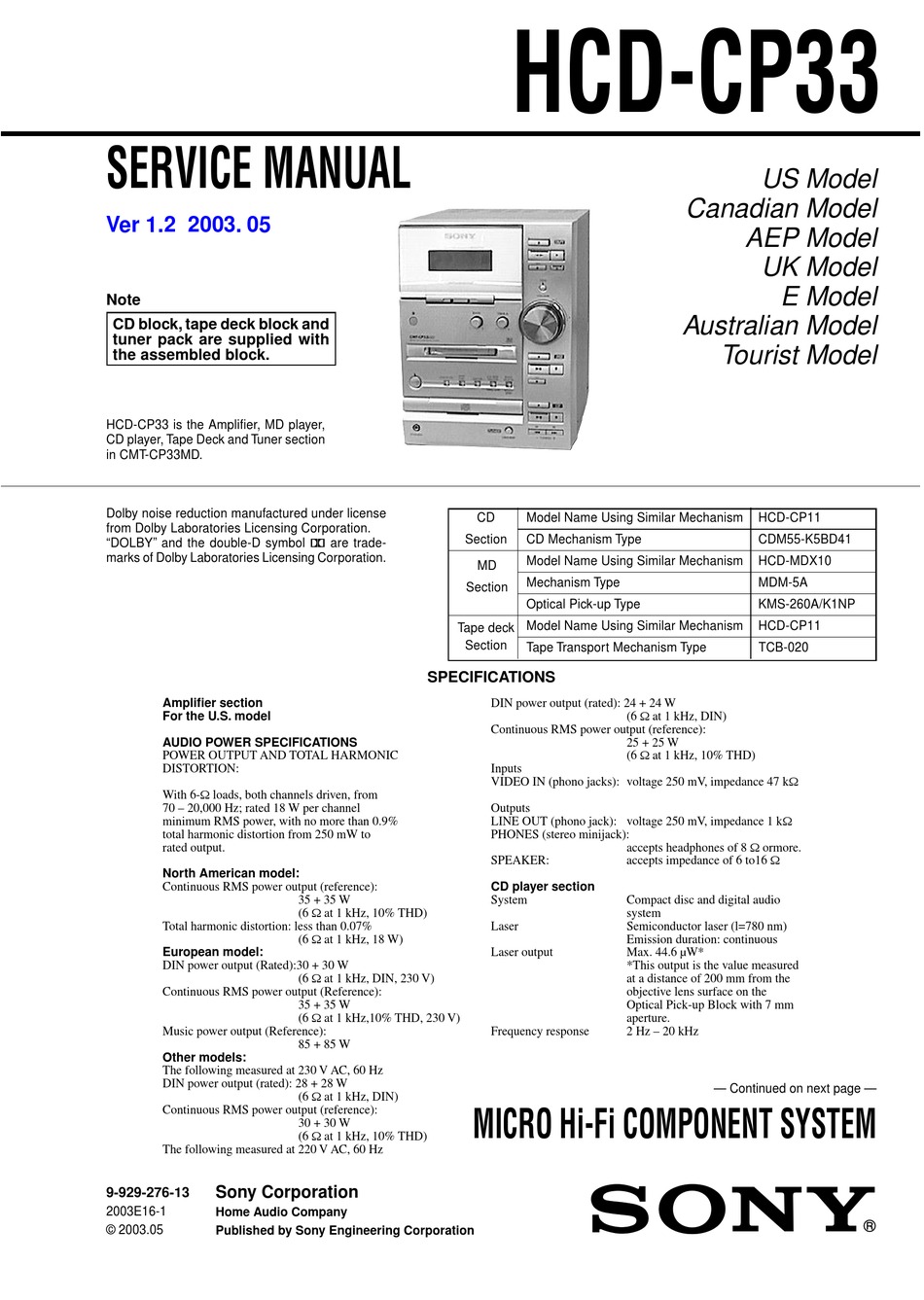 #3364 CMT Sony Manuale di Istruzioni Cmt CP33MD Componente Sistema 