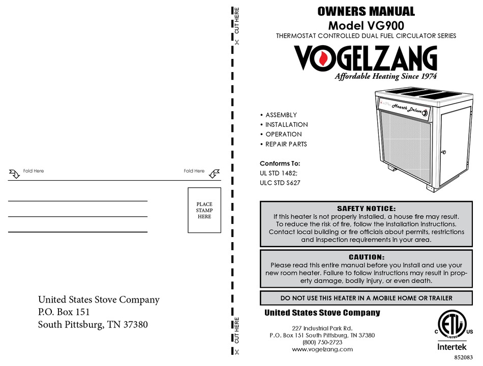VOGELZANG INTERNATIONAL VG900 OWNER