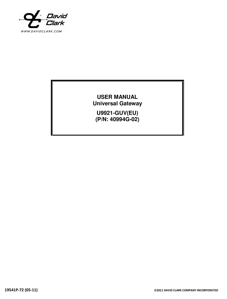 DAVID CLARK U9921-GUV USER MANUAL Pdf Download | ManualsLib