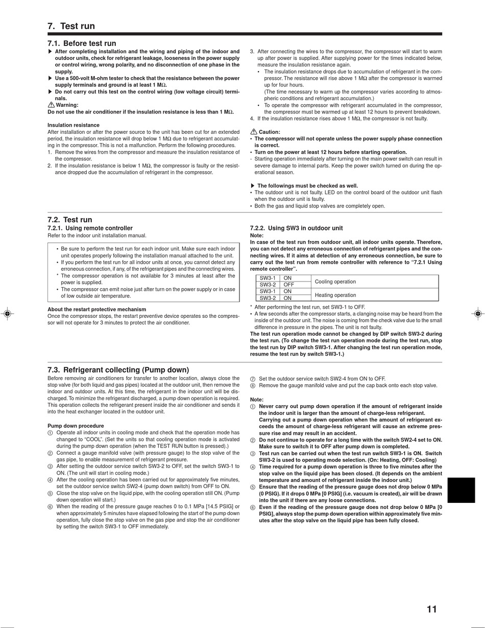 Test Run - Mitsubishi Electric PUMY-P36NHMU Installation Manual [Page 11] |  ManualsLib