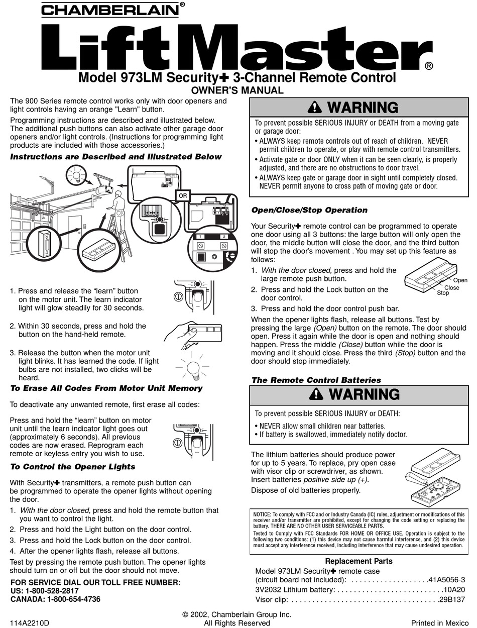 CHAMBERLAIN LIFTMASTER SECURITY+ 973LM OWNER