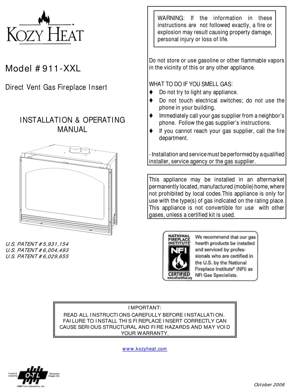 KOZY HEAT 911-XXL INSTALLATION & OPERATING MANUAL Pdf Download | ManualsLib