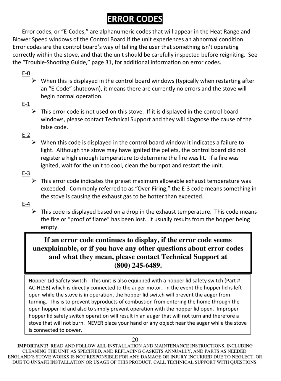 Error Codes - England's Stove Works 25?PAH Installation u0026 Operation Manual  [Page 20] | ManualsLib