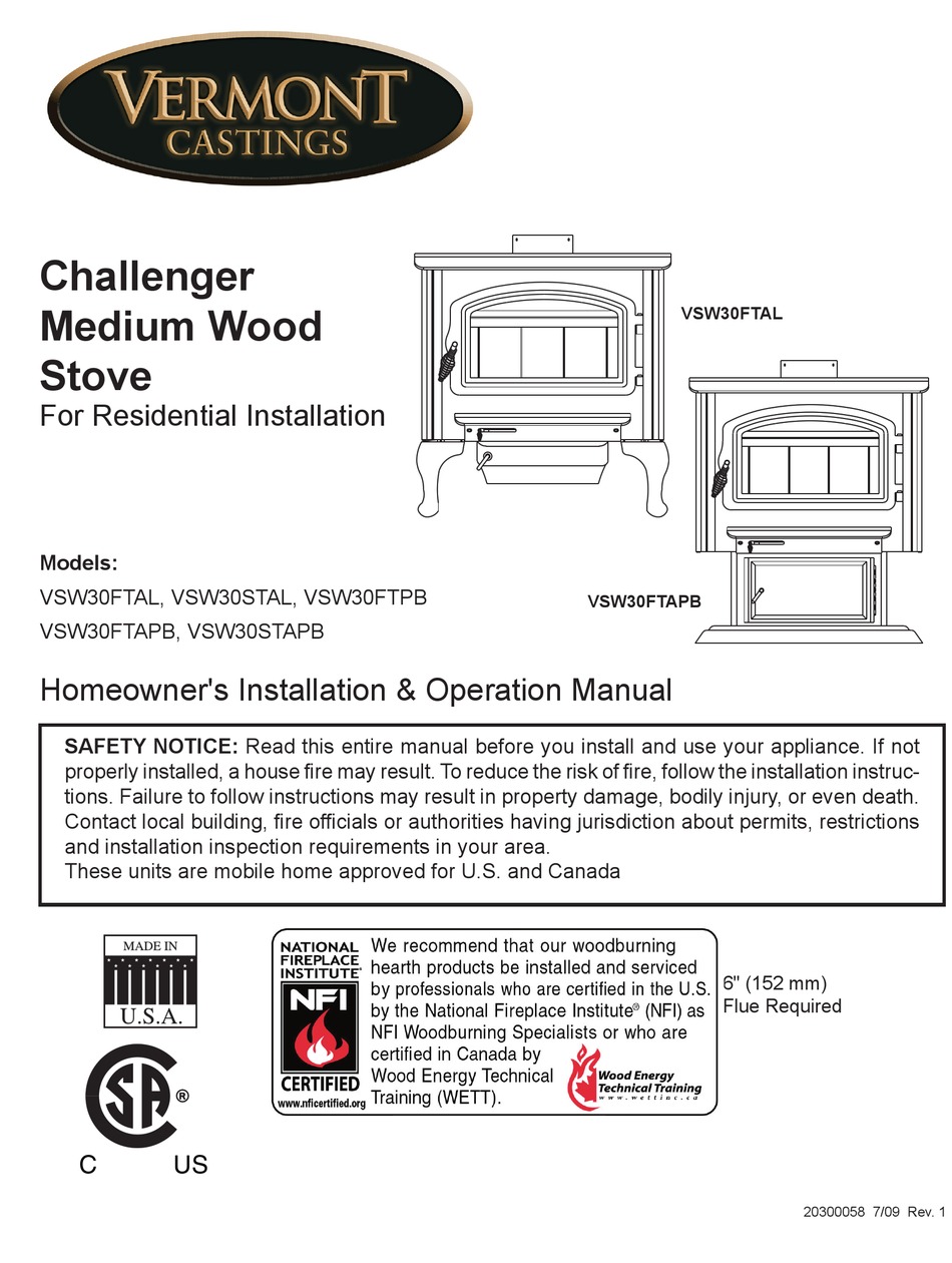 VERMONT CASTINGS VSW30FTAL HOMEOWNER'S INSTALLATION & OPERATION MANUAL ...