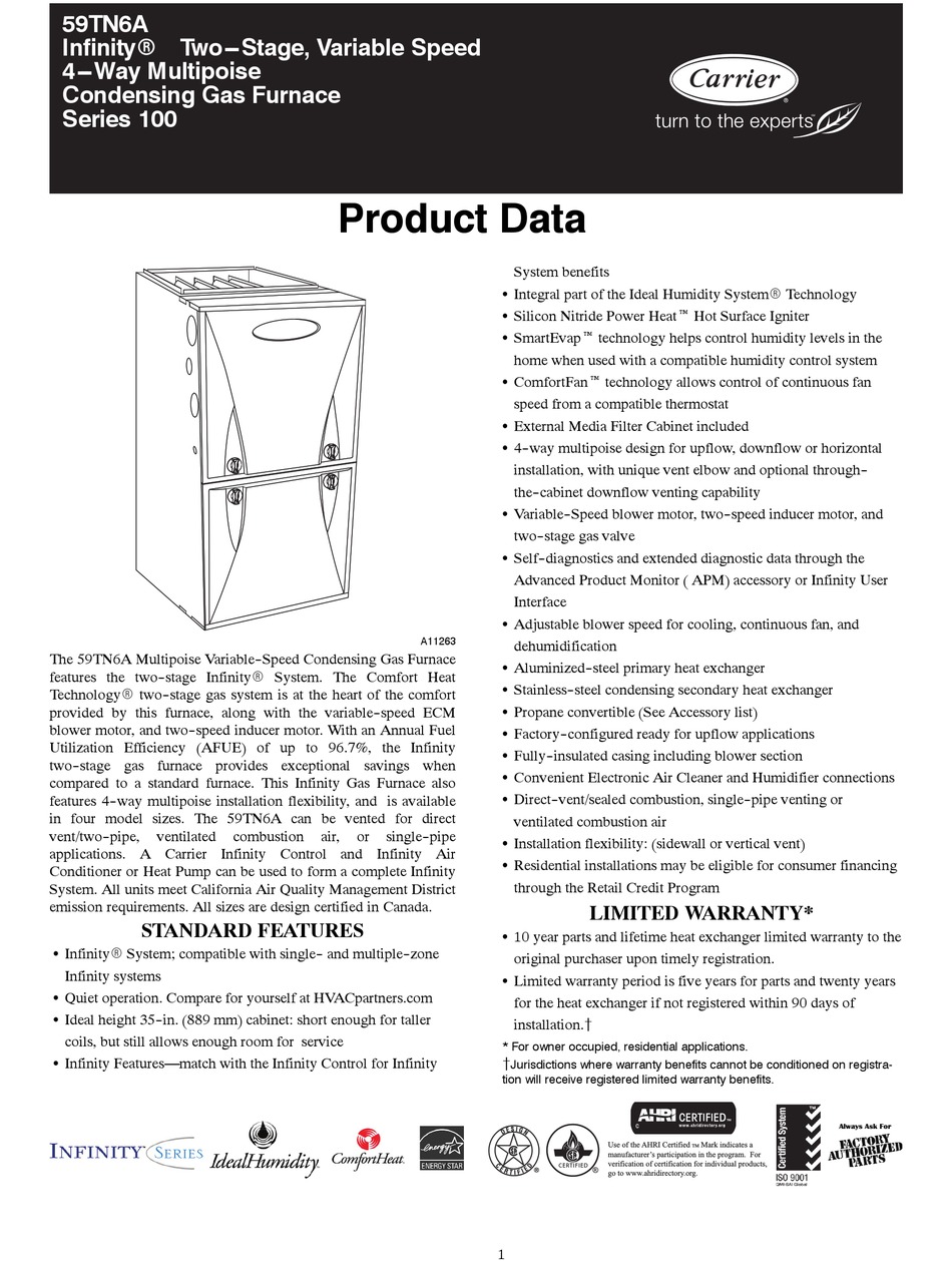 CARRIER INFINITY 59TN6A PRODUCT DATA Pdf Download ManualsLib