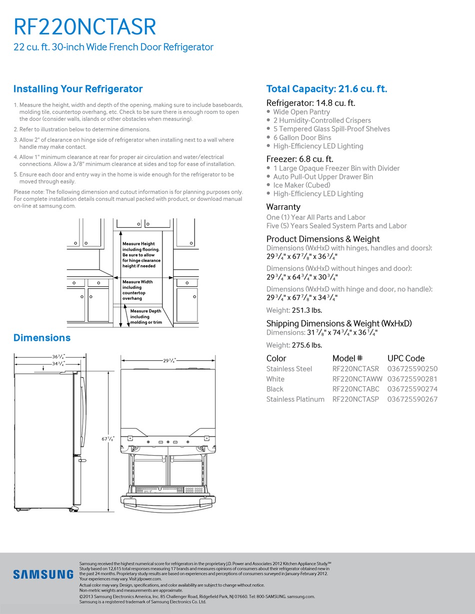 rf220nctasr dimensions