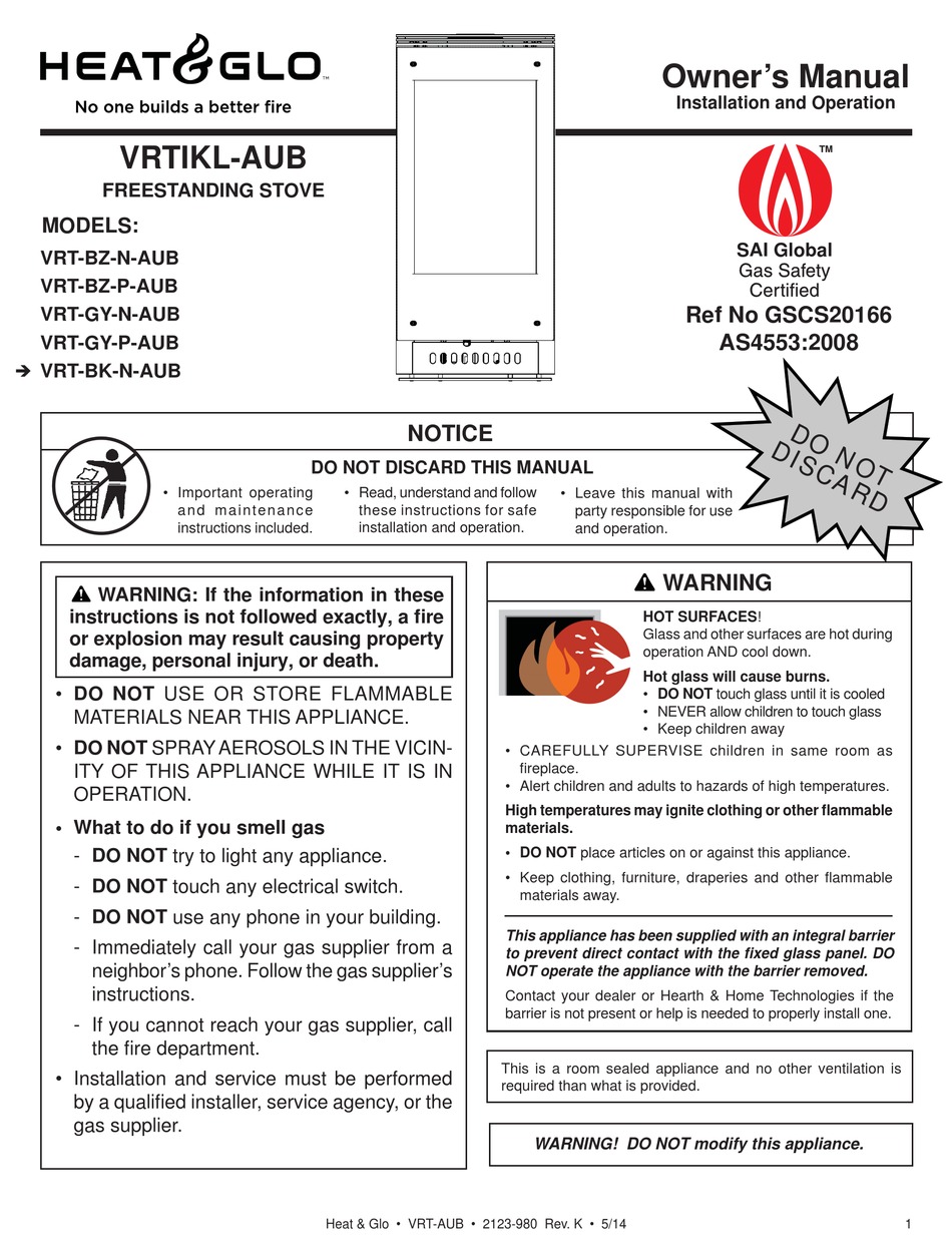 HEAT & GLO VRT-BZ-N-AUB OWNER'S MANUAL Pdf Download | ManualsLib