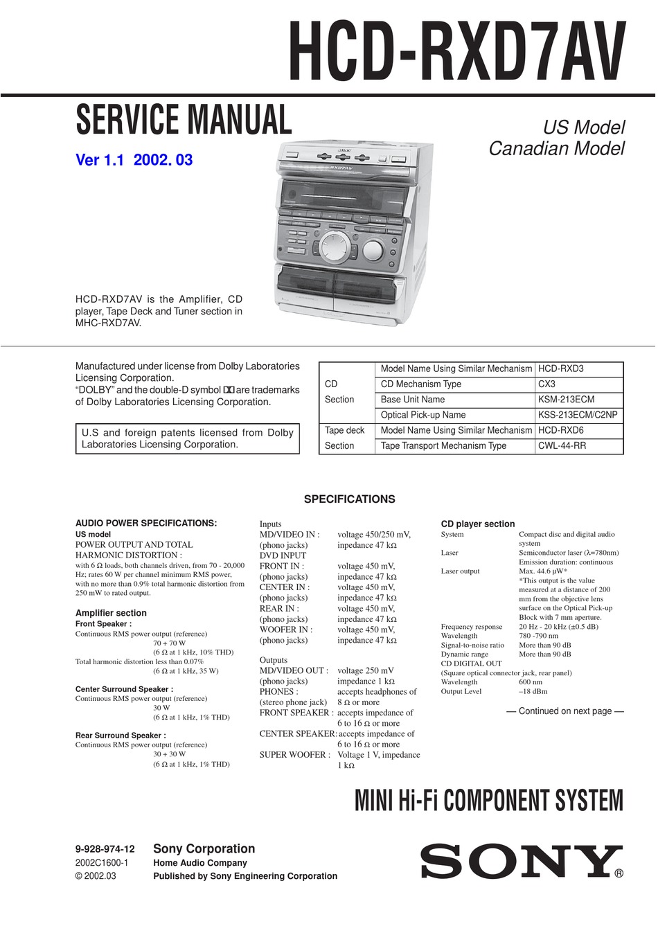 SONY HCD-RXD7AV SERVICE MANUAL Pdf Download | ManualsLib