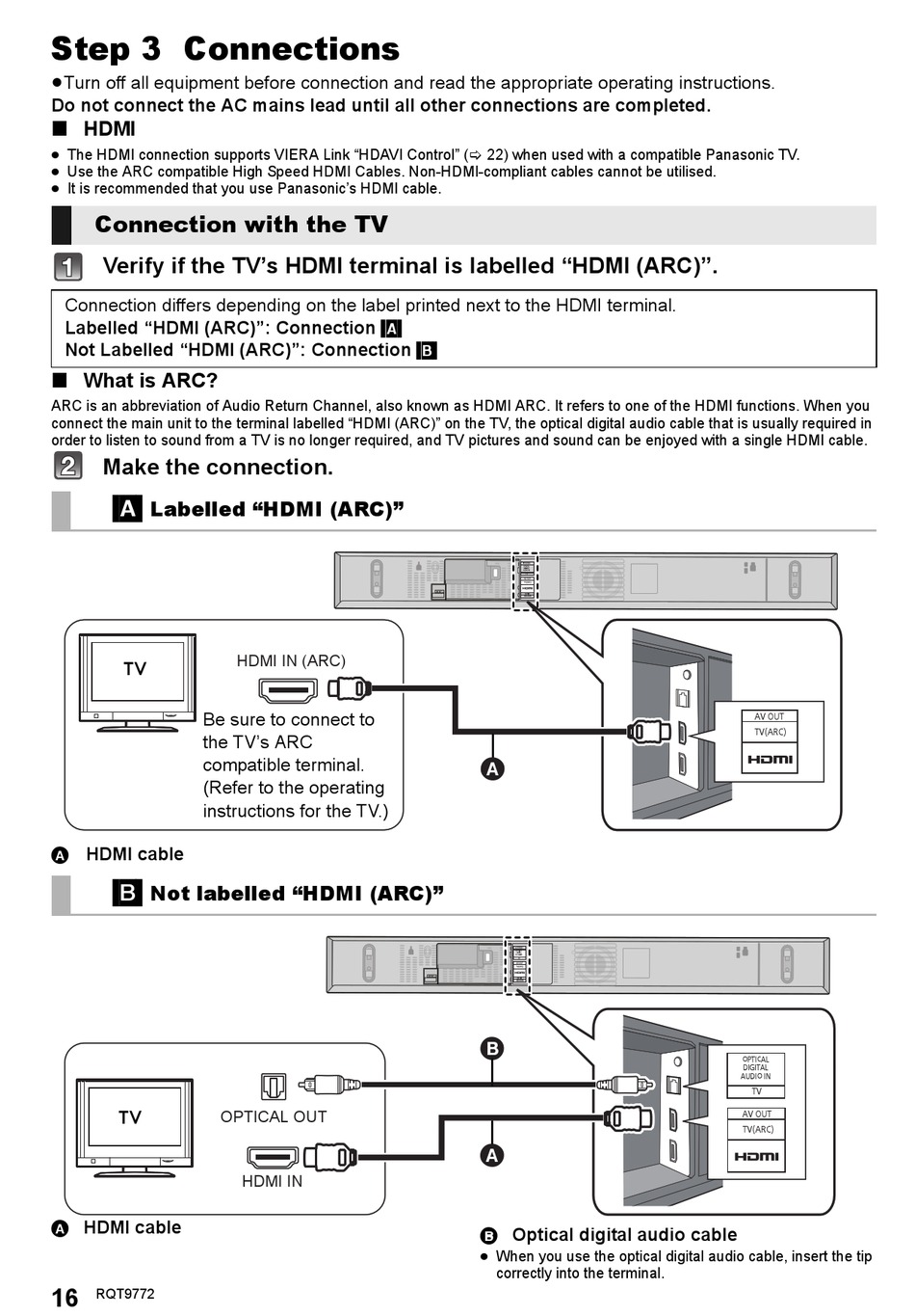 Step 3 Connections; Connection With The Tv - Panasonic SC-HTB170 
