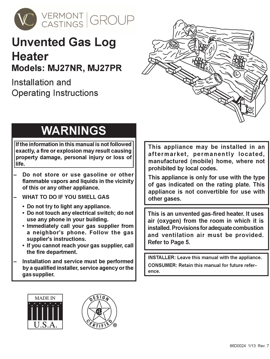 VERMONT CASTINGS MJ27NR INSTALLATION AND OPERATING INSTRUCTIONS MANUAL ...