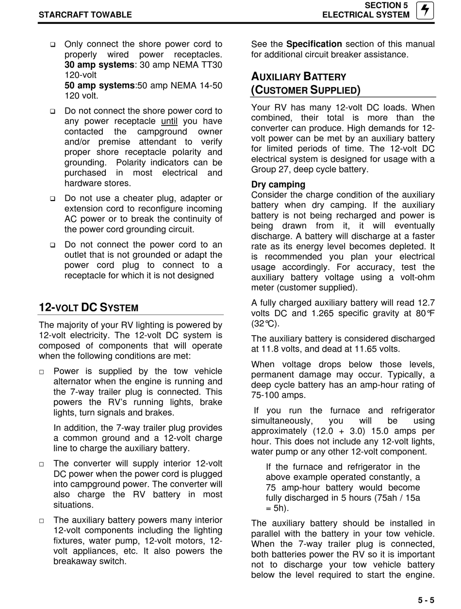 12-Volt Dc System; Auxiliary Battery - Starcraft Travel Star Owner's Manual  [Page 45]