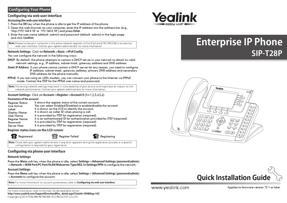 YEALINK SIP-T28P QUICK INSTALLATION MANUAL Pdf Download | ManualsLib