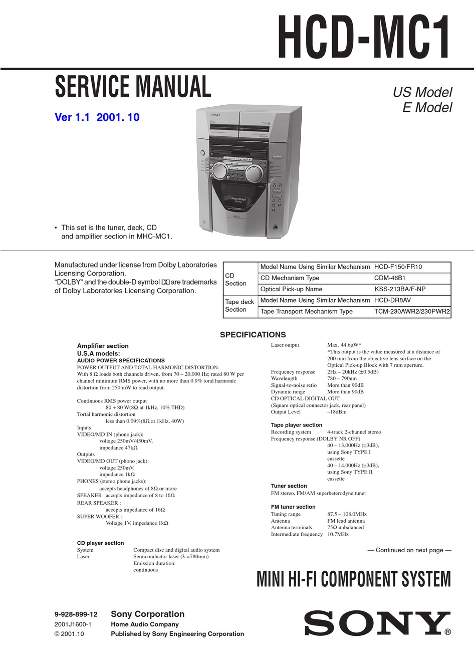 SONY HCD-MC1 SERVICE MANUAL Pdf Download | ManualsLib