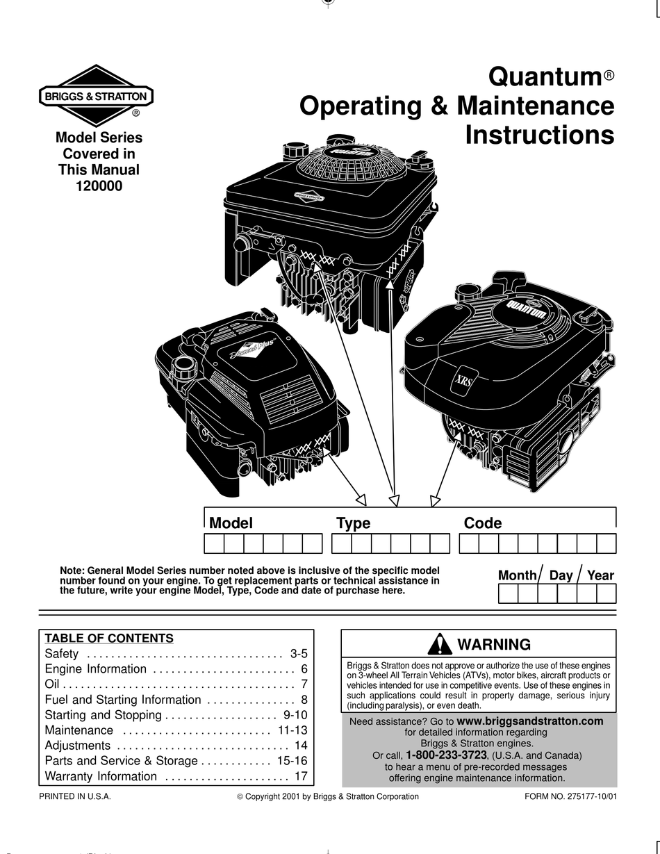 BRIGGS & STRATTON QUANTUM 120000 SERIES OPERATING & MAINTENANCE ...