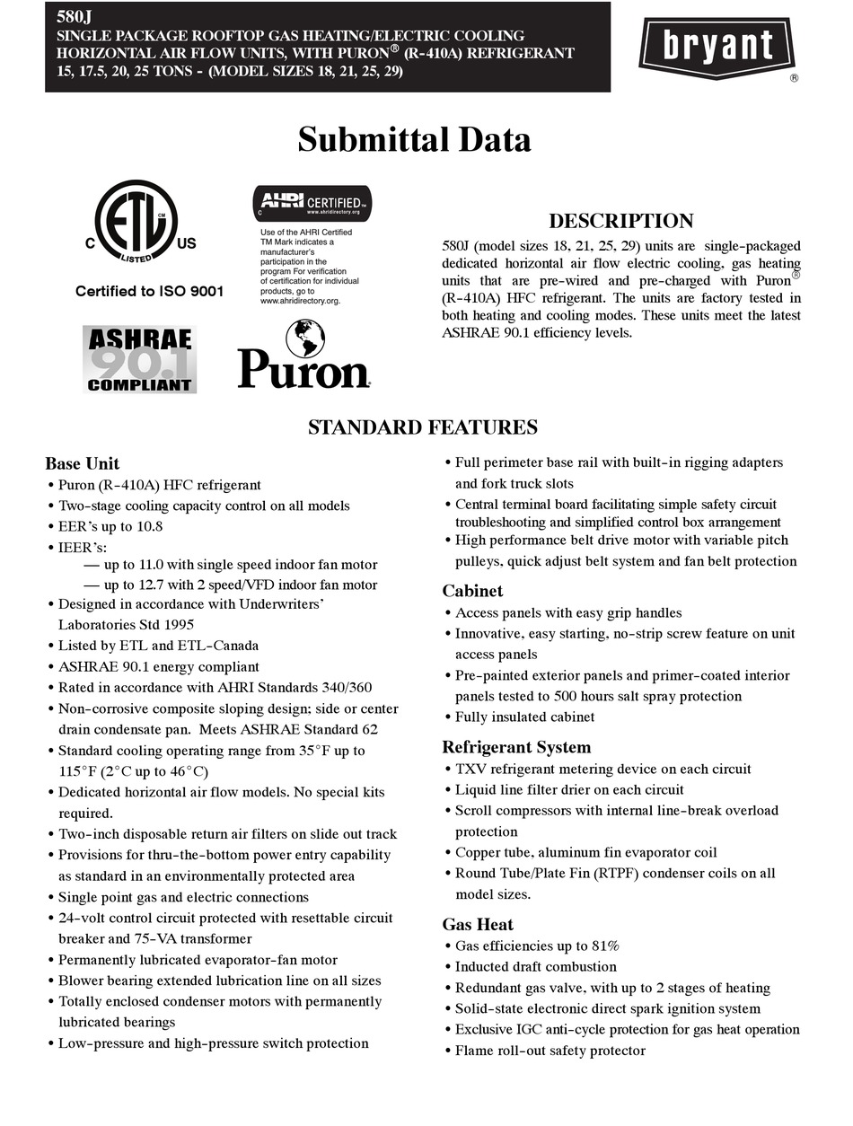 BRYANT 580J SUBMITTAL DATA Pdf Download | ManualsLib