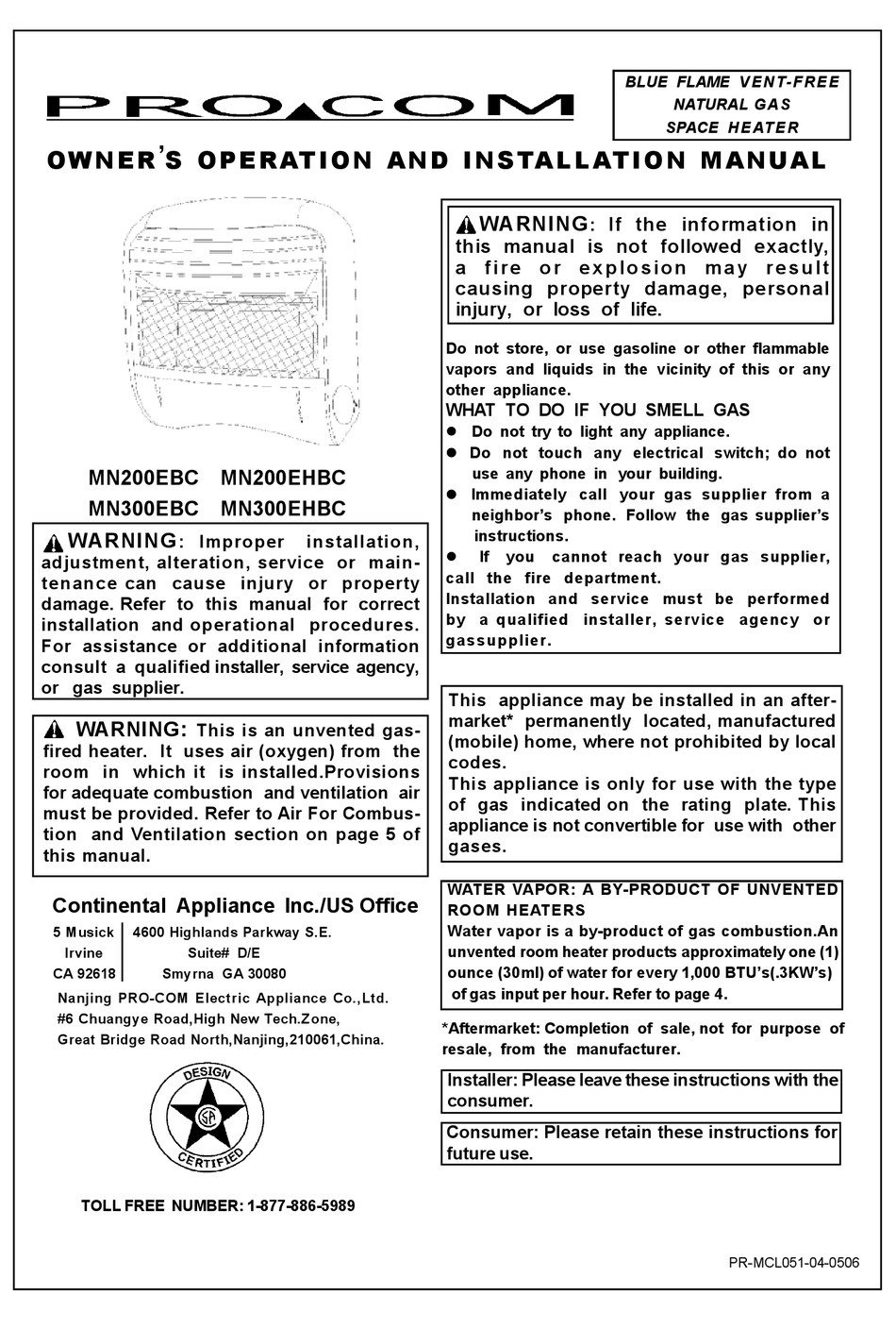 PROCOM MN200EBC OWNER'S OPERATION AND INSTALLATION MANUAL Pdf Download ...