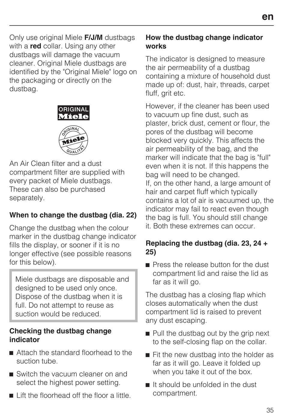 When To Change The Dustbag; How The Dustbag Change Indicator Works; Replacing The Dustbag