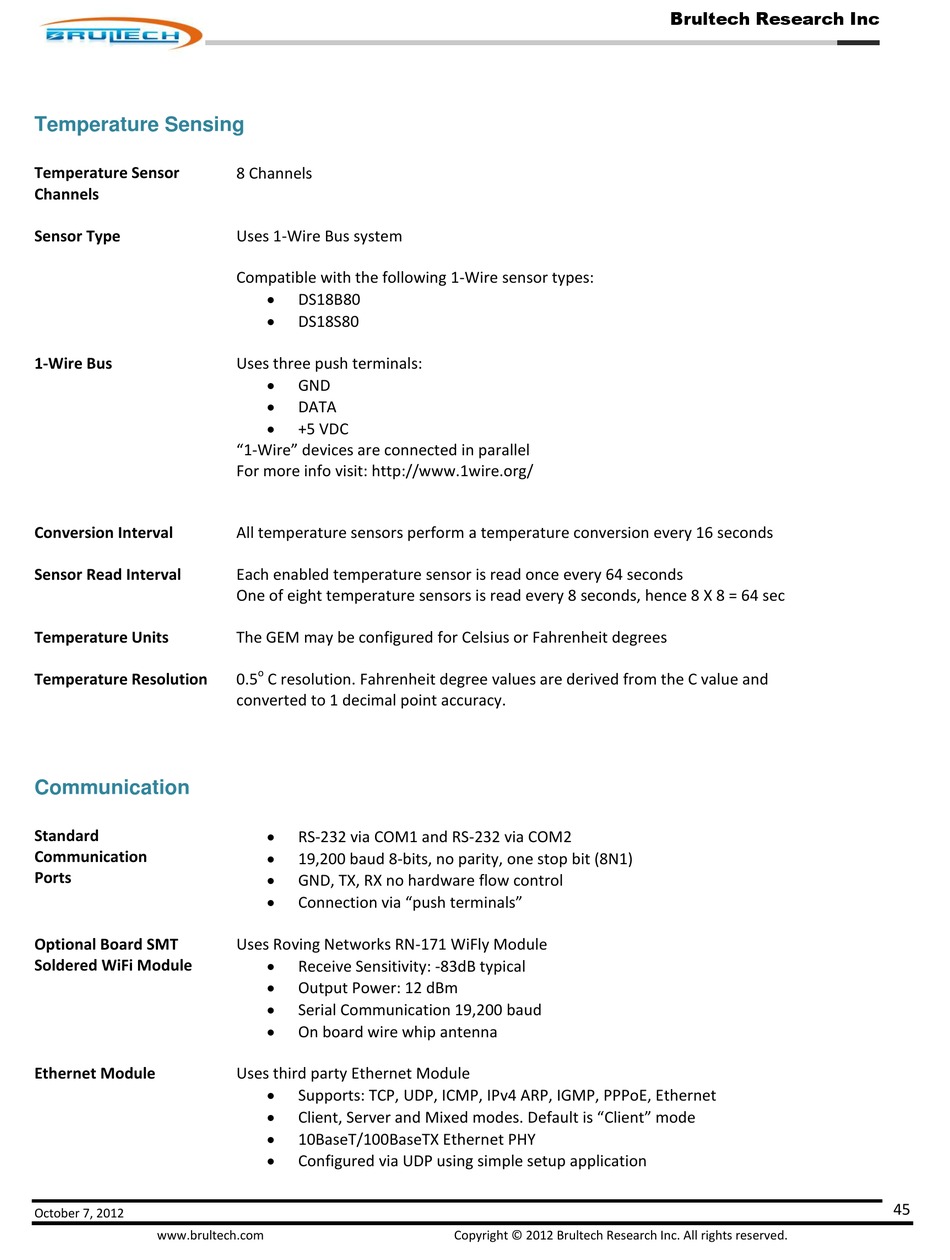 Temperature Sensing; Communication - Brultech Greeneye Monitor