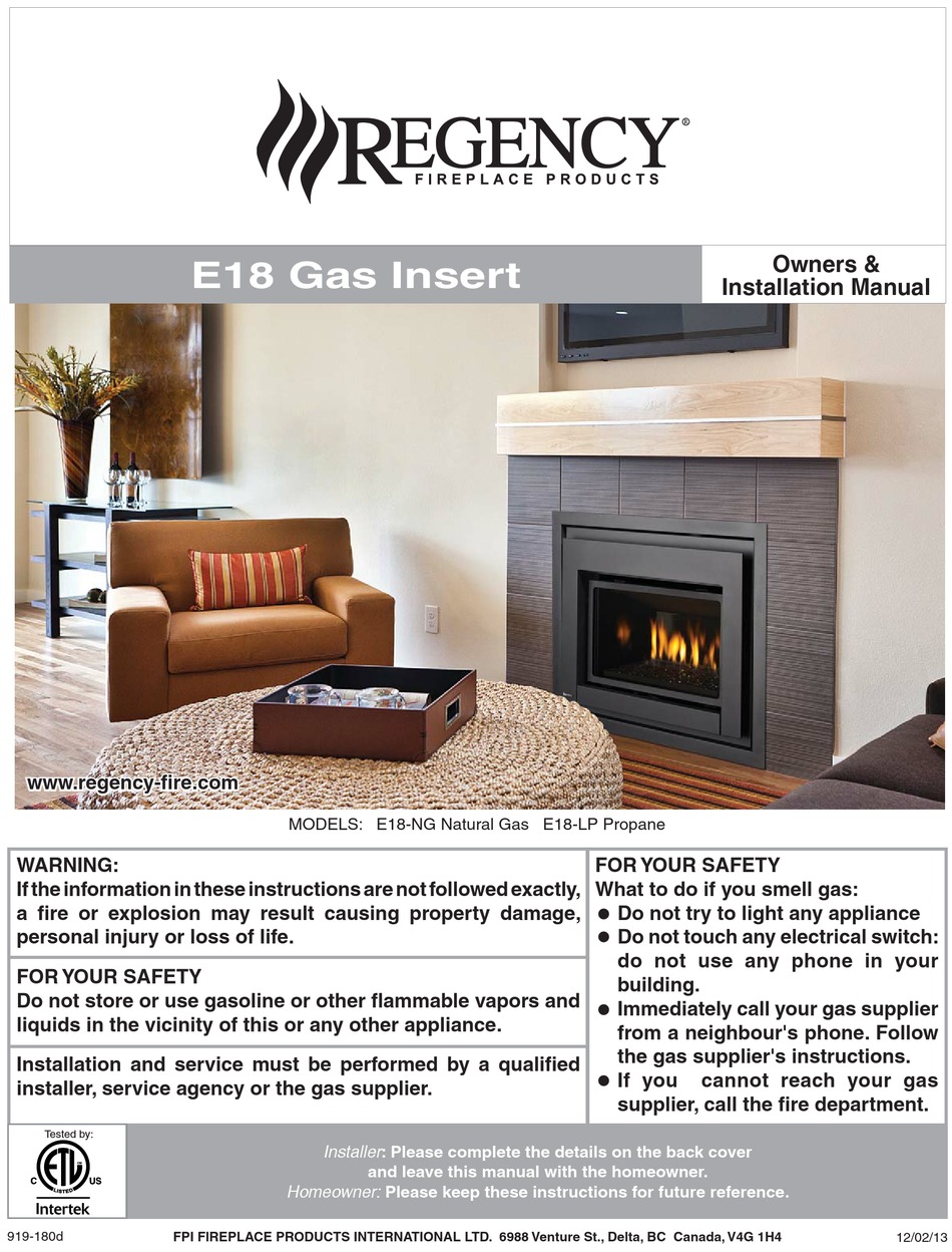 REGENCY FIREPLACE PRODUCTS E18 OWNERS & INSTALLATION MANUAL Pdf