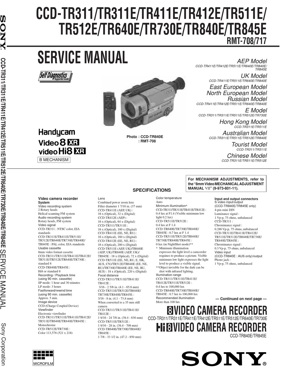 SONY HANDYCAM CCD-TR311 SERVICE MANUAL Pdf Download | ManualsLib